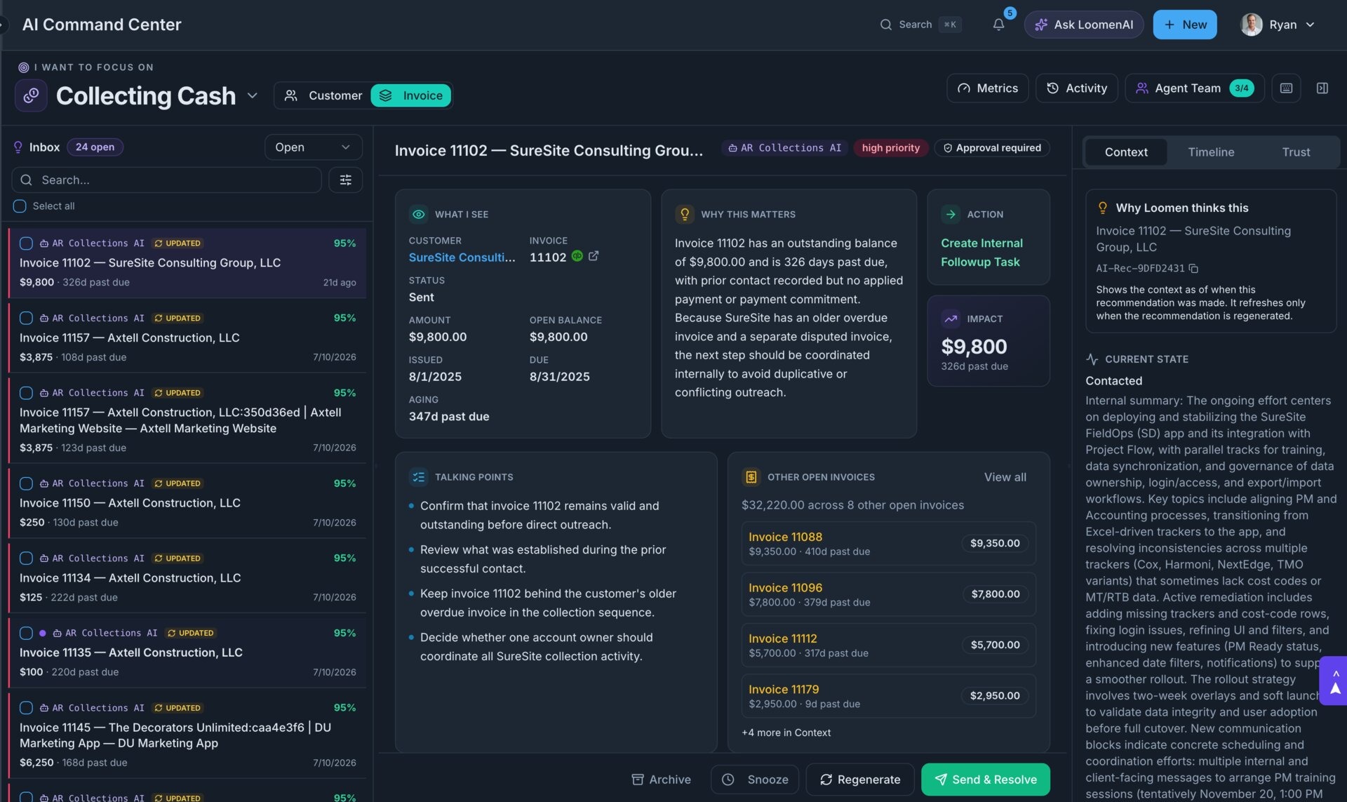 The real Loomen AI Command Center explains an overdue invoice, includes account context, recommends an internal follow-up task, and requires approval.