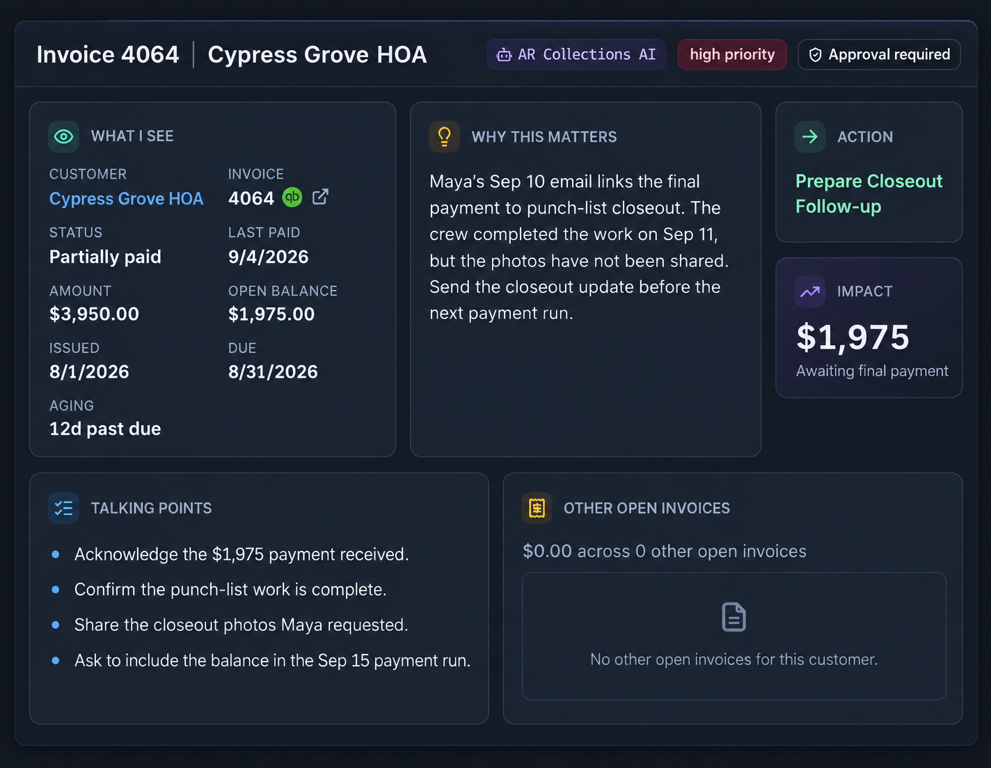 Illustrative Loomen invoice detail connecting a partial payment, customer email, crew completion update, and suggested follow-up.