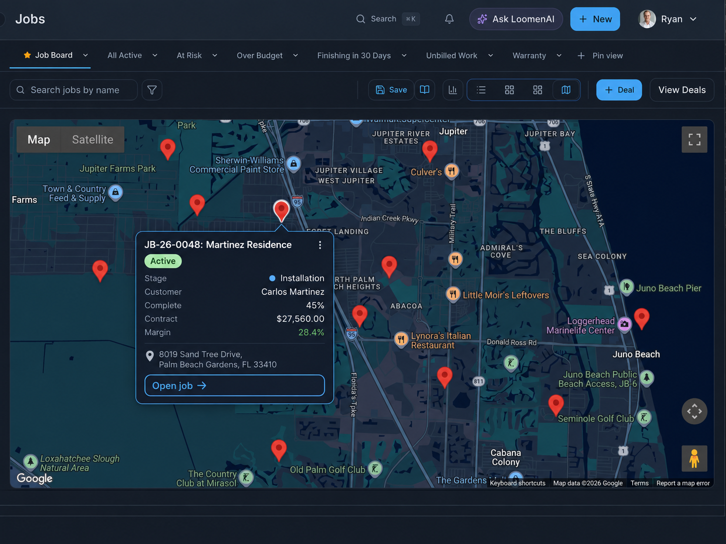 Loomen project map showing job locations, installation progress, contract value, and margin.